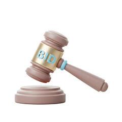 3D Rendered Wooden Gavel with a Golden Band and Blue Letters for Auction and Bidding