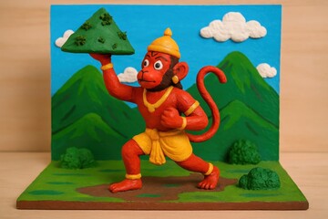Hindu Mythology: A vibrant handcrafted illustration of Hanuman, the revered monkey deity, dynamically lifting a mountain in a symbolic act.
