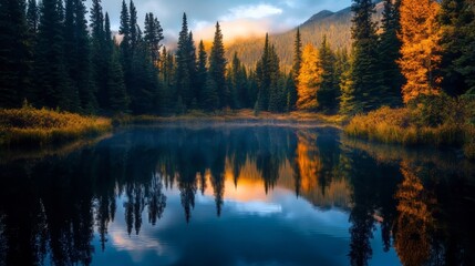 A peaceful forest pond reflecting the early morning light
