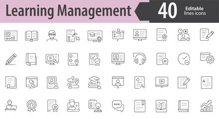 Learning Management Line Icons, Online Course, Progress Tracker, Student Dashboard, Certification Badge, Assignment Upload, Editable Formats: AI, EPS, PNG, Ideal for Both Digital and Print Use
