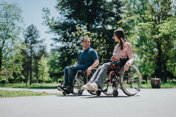 Two individuals in wheelchairs smiling and interacting amicably outdoors on a bright day,...