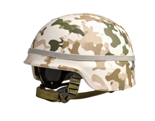 Military tactical helmet with desert camouflage pattern and chin strap for combat protection and army equipment concepts.