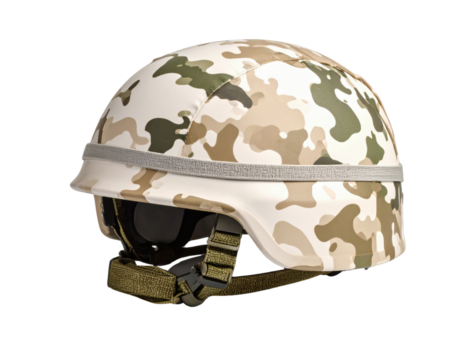 Military tactical helmet with desert camouflage pattern and chin strap for combat protection and army equipment concepts.