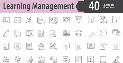 Learning Management Line Icons, Online Course, Progress Tracker, Student Dashboard, Certification Badge, Assignment Upload, Editable Formats: AI, EPS, PNG, Ideal for Both Digital and Print Use
