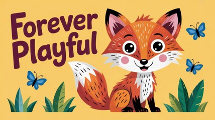 Playful cartoon fox smiling among butterflies and green grass background  