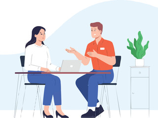 Two professionals having a discussion across a table in a modern office setting