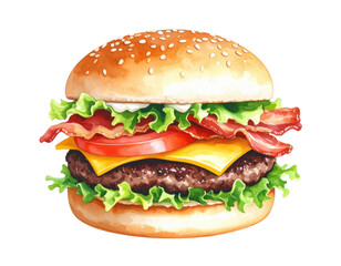 Watercolor hamburger with beef patty, cheese, bacon, lettuce and tomato on transparent background