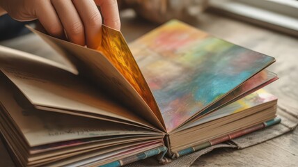 Hand flipping through colorful handmade book pages on wooden table  