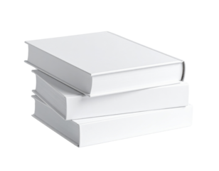 Stack of three blank white hardcover books, isolated on transparent background for mockup or design use.
