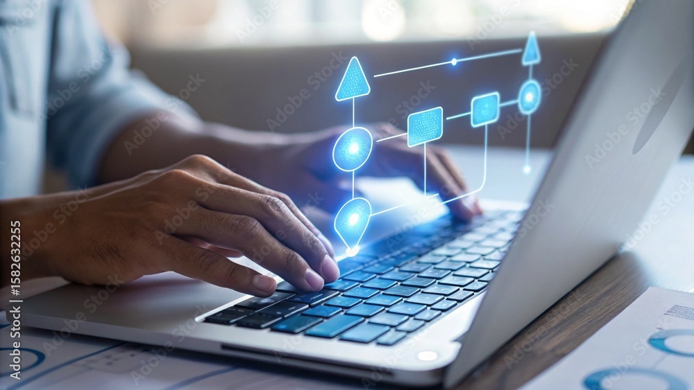 Aufkleber man utilizes laptop with digital flowchart, visualizing project management and strategic planning fo