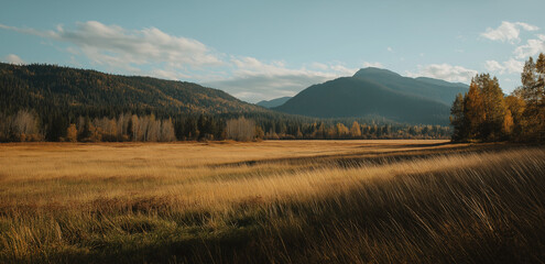 Obraz premium Cinematic, landscape photography of an autumn field with mountains
