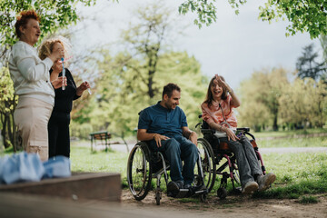 Fototapeta premium Friends spending a joyful time together outdoors, showcasing community, inclusivity, and happiness