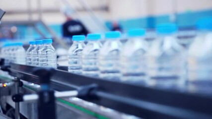 Water bottling line. Clean water in plastic bottle moves through conveyor factory. industry concept - Powered by Adobe