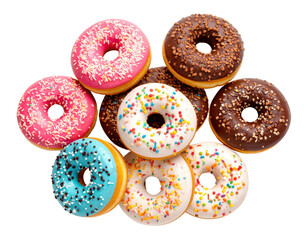 Colorful glazed donuts with sprinkles in assorted flavors including chocolate, pink, blue and vanilla frosting on transparent background
