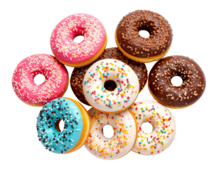Colorful glazed donuts with sprinkles in assorted flavors including chocolate, pink, blue and vanilla frosting on transparent background