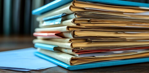 Stack of Folders and Files in Office Desk with Documents and Papers