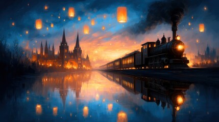 A glowing steam train travels past a castle at dusk, with floating lanterns illuminating the sky and reflecting on the calm water below.