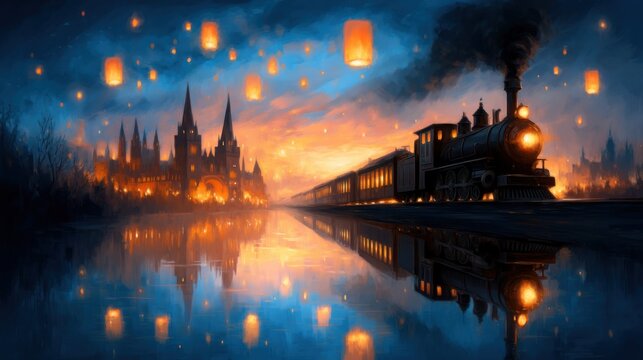 A glowing steam train travels past a castle at dusk, with floating lanterns illuminating the sky and reflecting on the calm water below. - Powered by Adobe