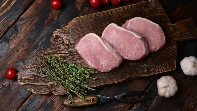Preparing fresh pork cutlet with herbs, garlic, and cherry tomatoes on rustic wood
