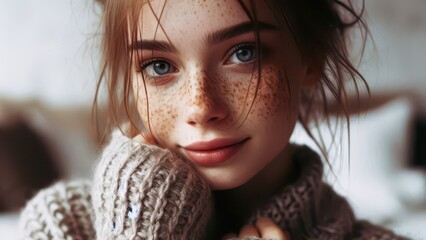 Young woman with freckles smiling in cozy sweater at home - Concept of HEAVILY CRAFTED  