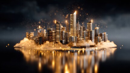 A futuristic cityscape glowing with golden lights reflects on calm water, surrounded by a misty, ethereal atmosphere.