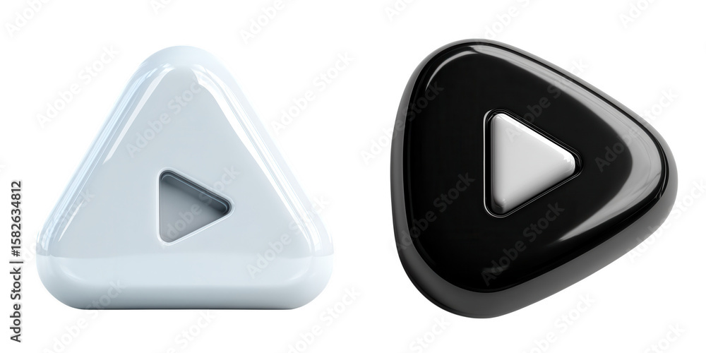 Poster two glossy triangular play buttons one white one black isolated on transparent background
