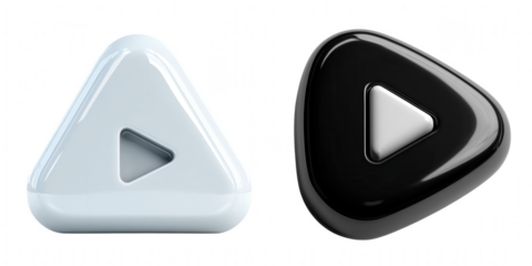 Two glossy triangular play buttons one white one black isolated on transparent background