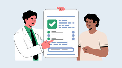 doctor explaining positive test results on a form to a patient, vector illustration for health insurance approval, medical diagnosis and healthcare consultation