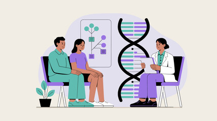 genetic counselor consulting a couple with dna chart, vector illustration for medical genetics, family planning and hereditary risk assessment