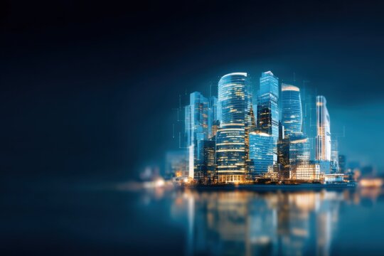 A futuristic city skyline with illuminated skyscrapers reflected on water, set against a dark blue night sky. - Powered by Adobe