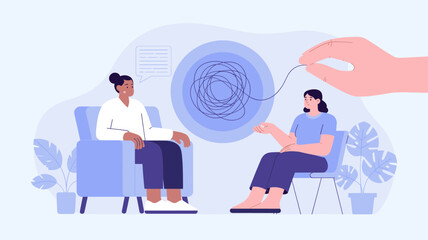 therapist helping a patient untangle confused thoughts, vector illustration for a mental health session, psychotherapy and professional emotional support