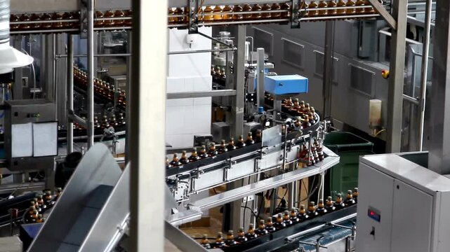 Production line of mineral water and carbonated drinks. Manufacture and processing bottles factory