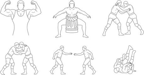 Diverse wrestling styles showcased in detailed outline vector art, featuring wrestling, sumo, and combat sports action, perfect for graphics.