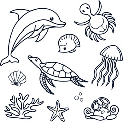 Playful,Cute Sea Animals ,Kids’ Ocean,Cartoon Underwater World,Whimsical Sea Creatures Set-Cute Sea Life Vector Icons for Children