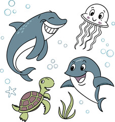 Playful,Cute Sea Animals ,Kids’ Ocean,Cartoon Underwater World,Whimsical Sea Creatures Set-Cute Sea Life Vector Icons for Children
