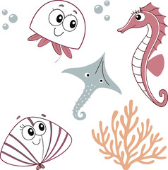 Playful,Cute Sea Animals ,Kids’ Ocean,Cartoon Underwater World,Whimsical Sea Creatures Set-Cute Sea Life Vector Icons for Children