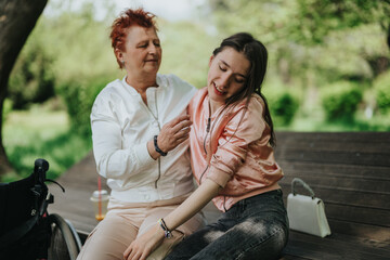 A joyful scene of two cheerful friends bonding together outside on a bright sunny day, amidst a...