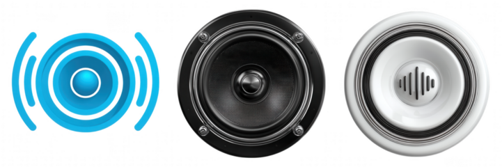 Three distinct audio speakers and a sound wave icon isolated on transparent background