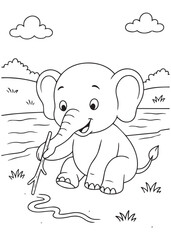 Coloring book elephant drawing with stick on the ground.