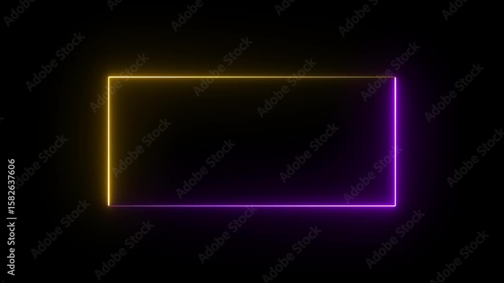 Poster animated glowing neon yellow and purple rectangles in black background. abstract rectangle border fr