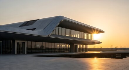 Modern Architecture at Sunset Contemporary Building Design with Natural Light and Reflective Water Feature