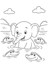 Coloring book elephant swimming with crocodiles.