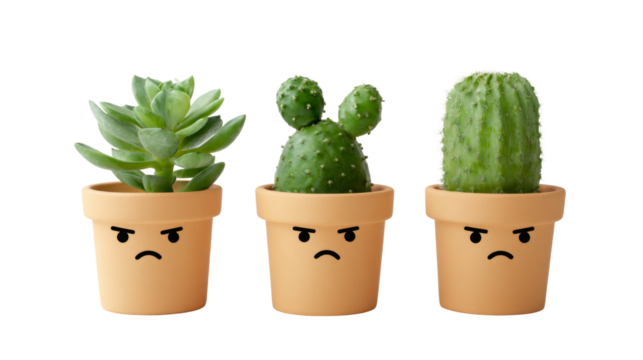 Three potted plants show frowning faces on their pots against transparent backdrop.
