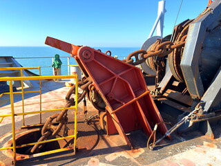 old rusty anchor chain, stopper, break, ship's equipment