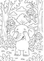 Fototapeta premium Coloring book elephant with monkeys in the forest.