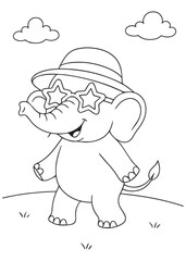 Coloring book elephant wearing hat and sunglasses.