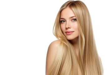 Blonde woman with sleek, healthy hair looking at camera on white background.
