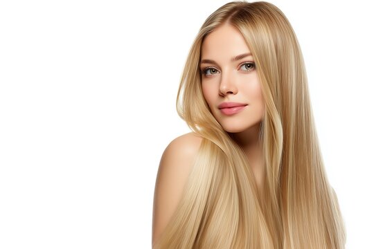 Blonde woman with sleek, healthy hair looking at camera on white background.