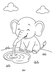 coloring book elephant play water in the pond