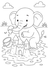 Coloring book elephant building a sandcastle.